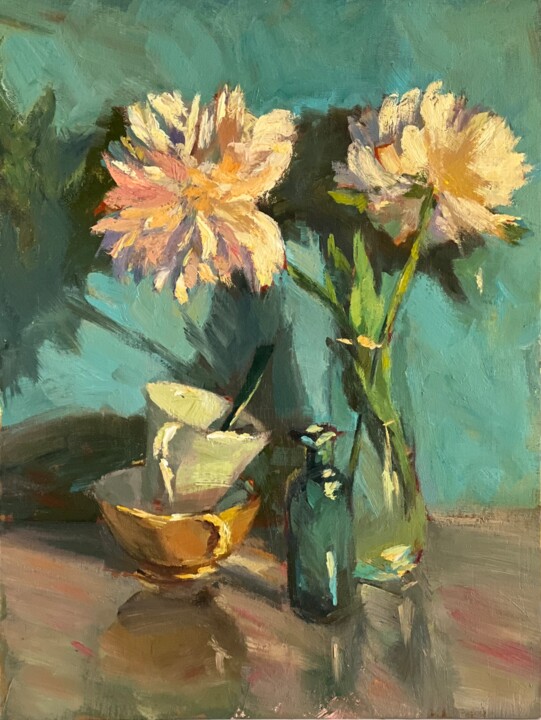 White Peonies on Turquoise 绘画, 15.8x11.8 in