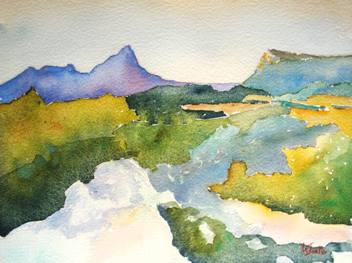 Peinture intitulée "Le Pic Saint-Loup e…" par Jean-Noël Le Junter, Œuvre d'art originale, Aquarelle Monté sur Panneau de bois