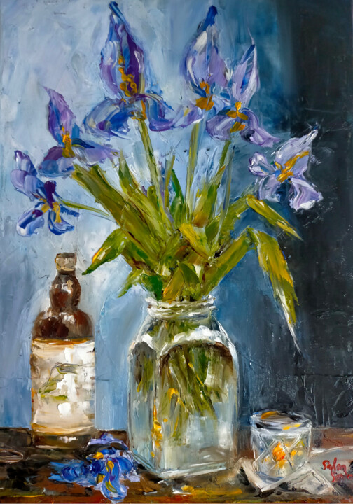 From Darkness to Serenity: Purple Iris Bouquet 绘画, 13.8x9.8 in