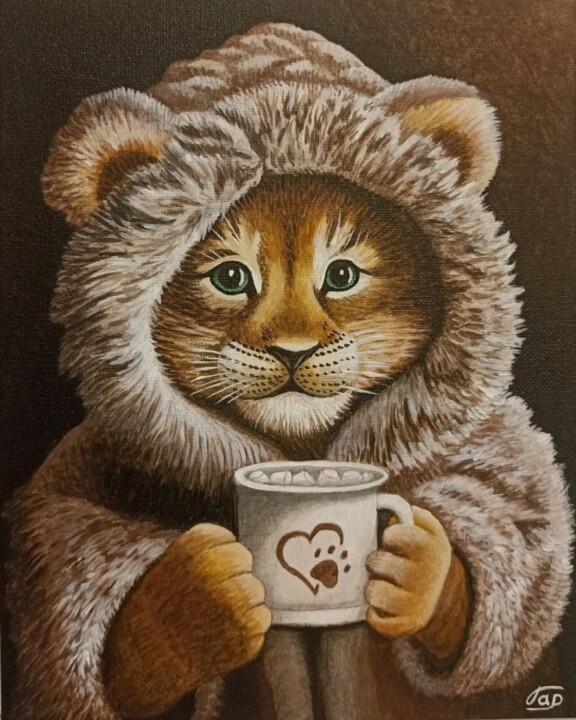 Львенок с ароматным кофе 绘画, 9.8x7.9 in