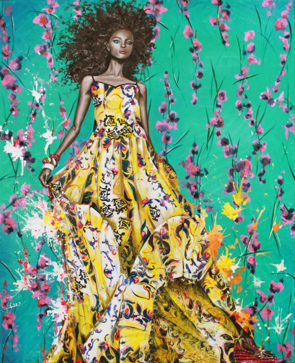 Fashion #3, splashes, woman, dress, energy, yellow, fuchsia 绘画, 39.4x31.5 in
