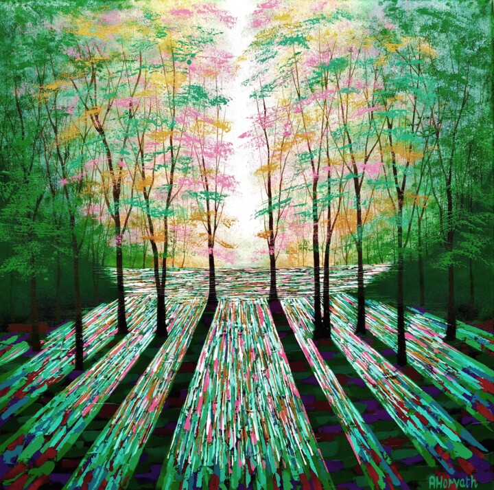 Emerald and Rose Wood Painting, 29.9x29.9 in