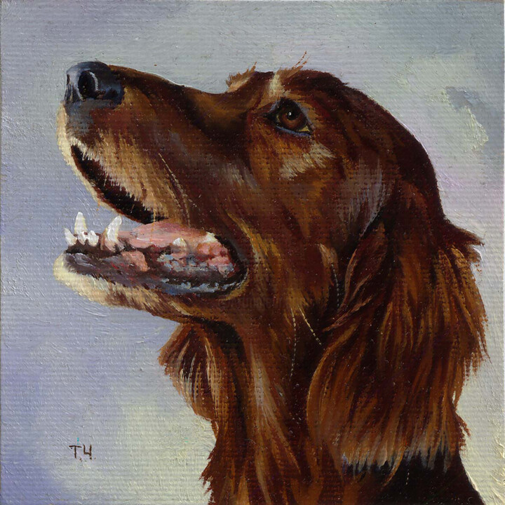 Miniature "Irish setter dog" 绘画, 3.9x3.9 in