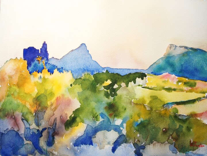 Peinture intitulée "Le Pic Saint-Loup e…" par Jean-Noël Le Junter, Œuvre d'art originale, Aquarelle Monté sur Panneau de bois