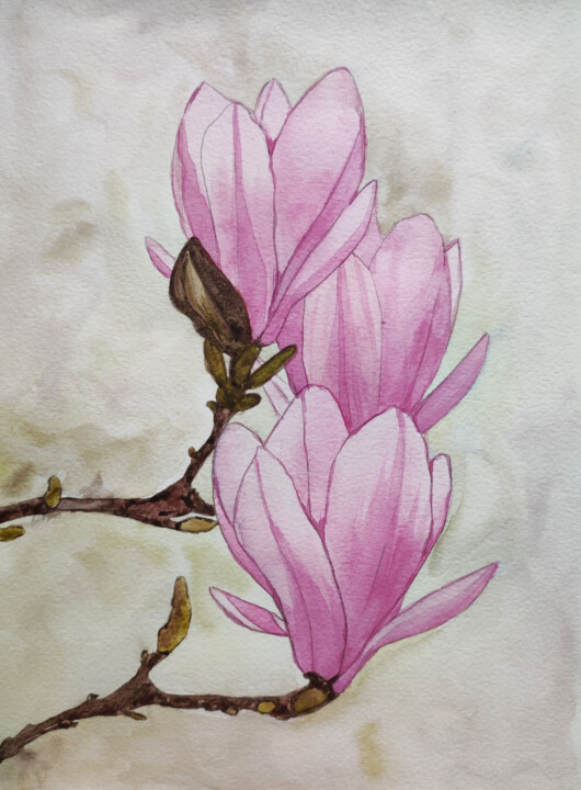 Watercolor magnolia flower 绘画, 116.9x82.7 in