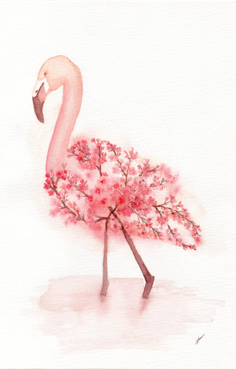 Flamand rose cerisier 绘画, 11x7.1 in