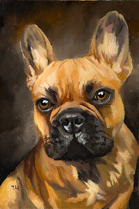 Miniature "Sand French Bulldog" 绘画, 5.9x3.9 in