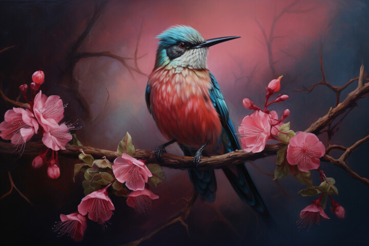 bird with bright pink blossom 数字艺术