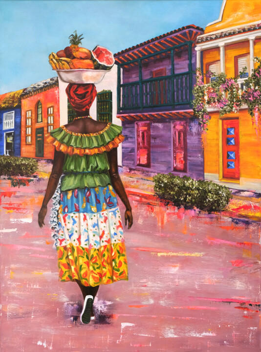 Vivid colors of Cartagena, woman, dress, Colombia 绘画, 31.5x23.6 in