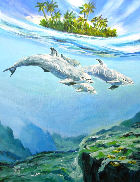 Dolphins Animal Original acrylic painting canvas board 11x14 绘画, 14x11 in