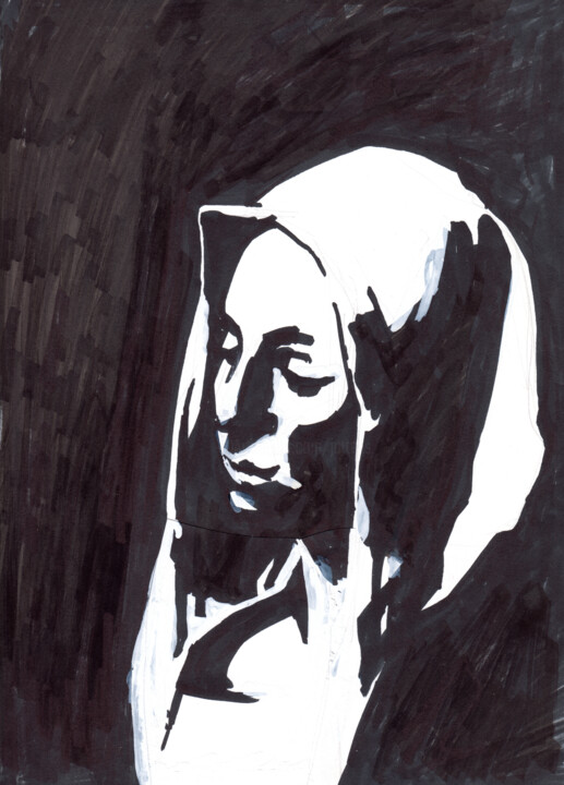 Visage au feutre en contraste noir et blanc 图画, 11.8x8.3 in