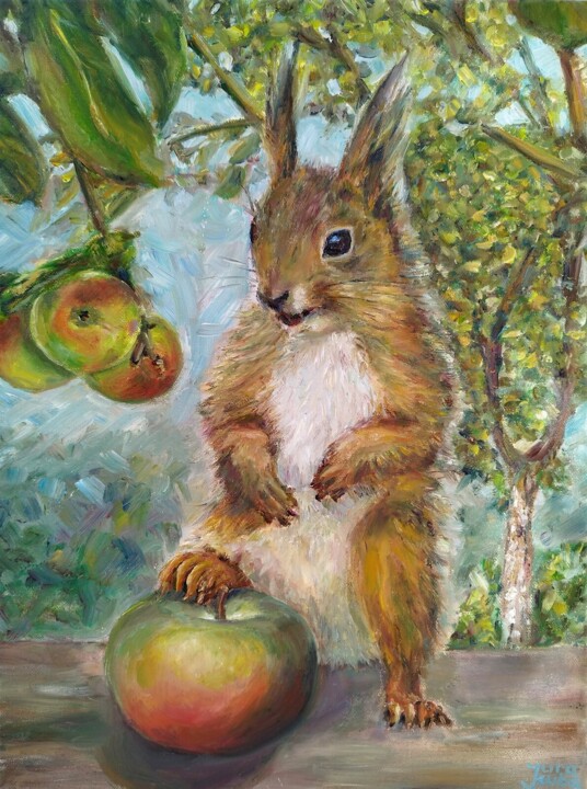 Squirrel With An Apple 绘画, 15.8x11.8 in