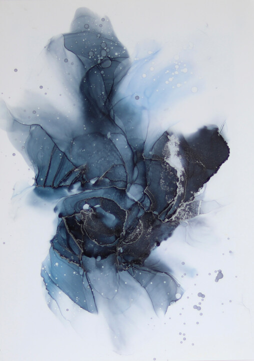 Blue Sweet Pea abstract original alcohol ink art 绘画, 13.8x9.8 in