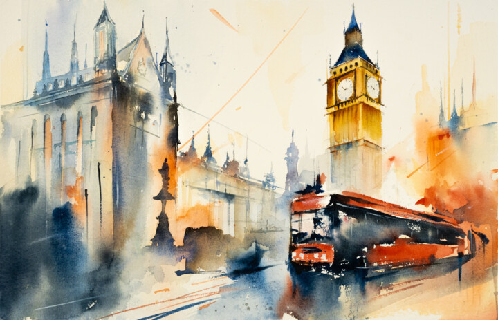 "Aquarelle Elegance: Westminster's Iconic Silhouette" 绘画, 13.8x21.7 in