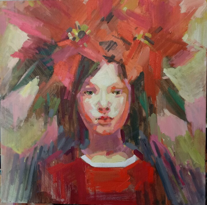 Portrait of a girl with a Christmas flower 绘画, 23.6x23.6 in
