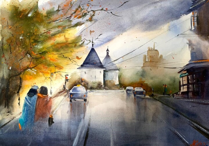Autumn in the city with Church | Watercolor | Cityscape Tablo, 11x17 in