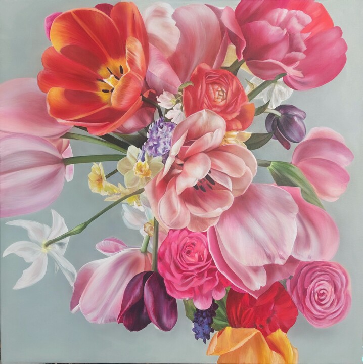 Flowers painting, tulips art, hyperrealism painting 绘画, 35.4x35.4 in