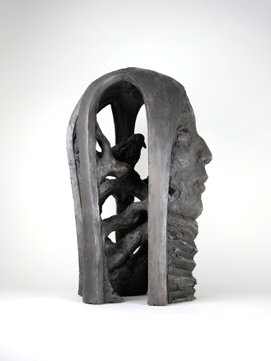 Sculptuur getiteld "Corneille" door Valérie Moreau (VALEM), Origineel Kunstwerk, Terra cotta