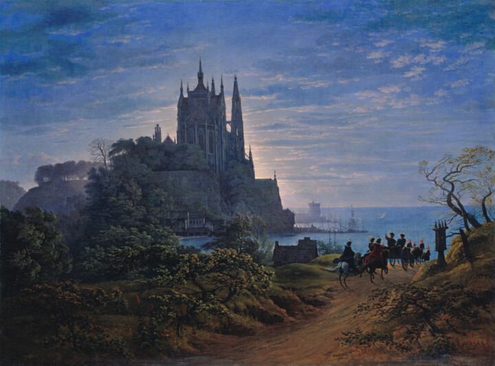 Église gothique sur un rocher au bord de la mer Peinture, 28,4x38,6 in