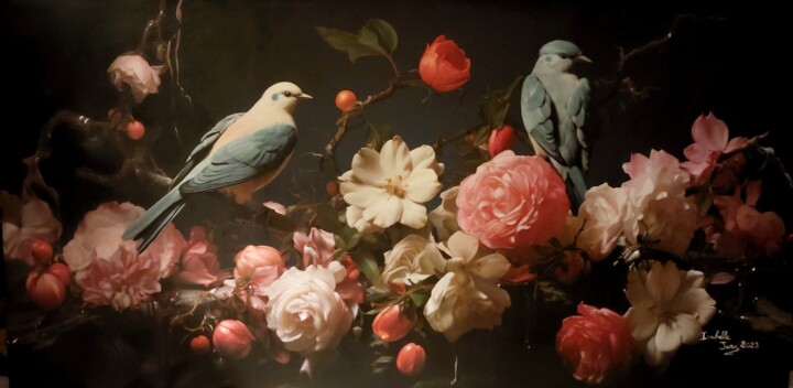 Bohemian Blue Birds- Isabelle Jura 绘画, 39.4x78.7 in