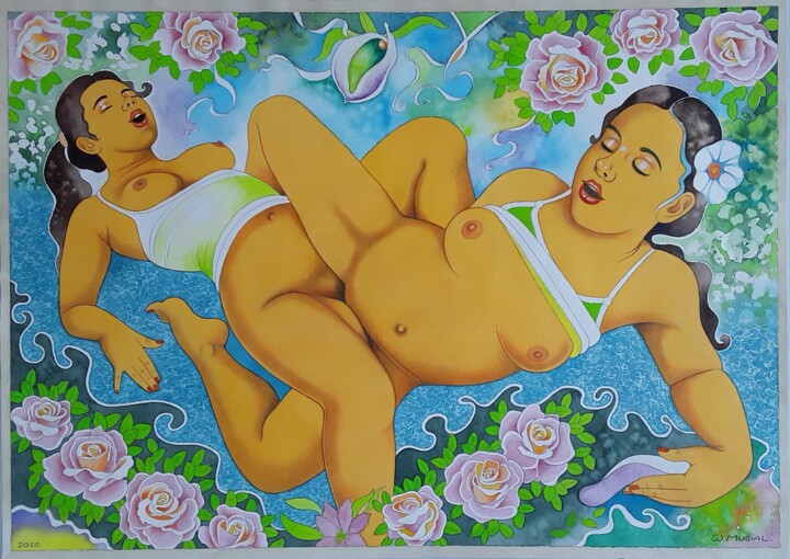 Girls and Roses in Pink Heaven 绘画, 19.7x27.6 in