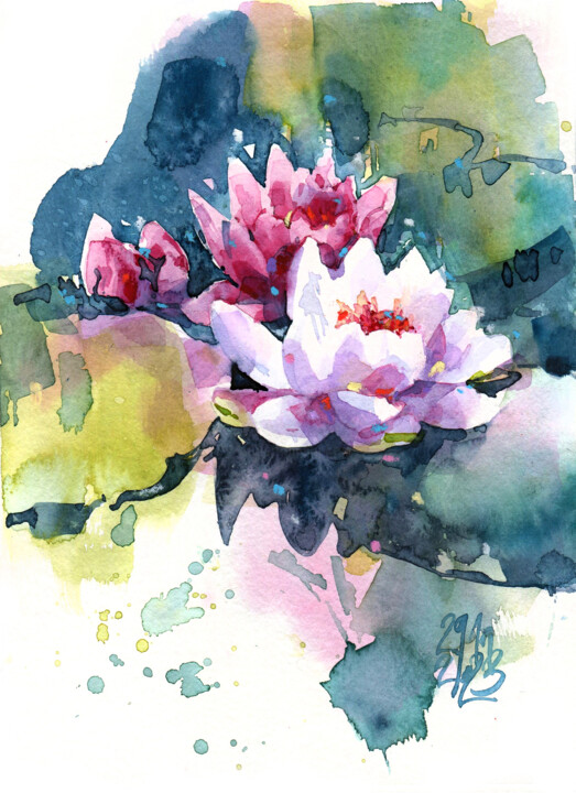 Malarstwo zatytułowany „Lotus flowers on th…” autorstwa Ksenia Selianko, Oryginalna praca, Akwarela