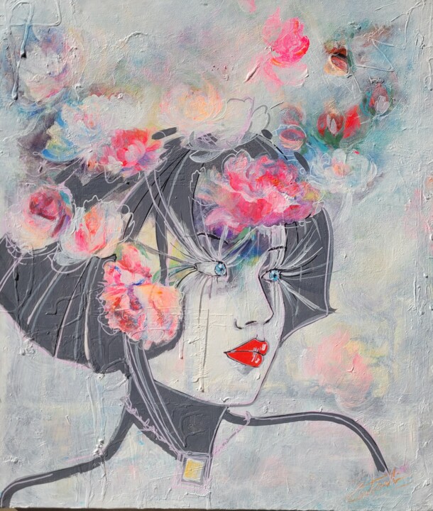 Schilderij getiteld "L'étoile fleurale" door Elisabeth Constantin, Origineel Kunstwerk, Acryl