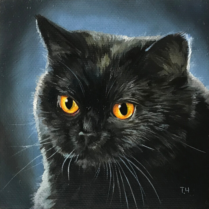 Miniature "Big Black Cat" 绘画, 3.9x3.9 in