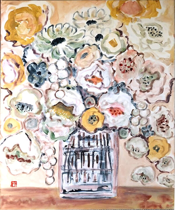bouquet de fleurs au vase carré Painting, 28.7x23.6 in