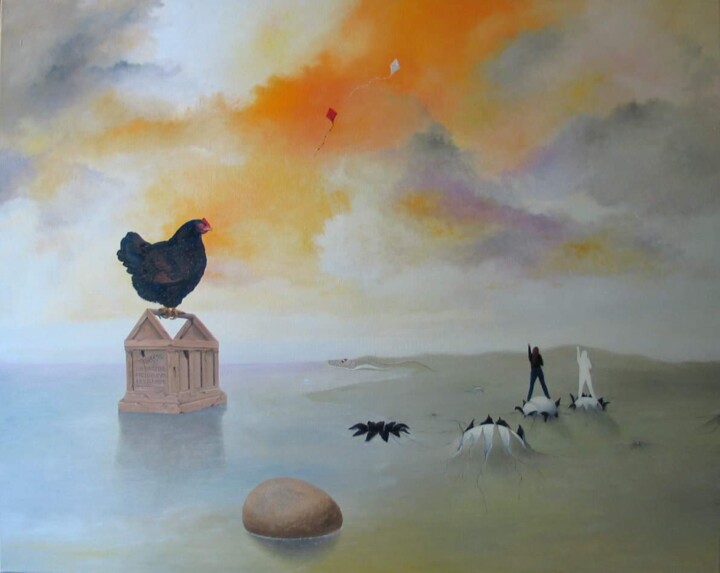 Painting titled "The China Syndrome" by Bram De Winter, Original Artwork, Oil Mounted on Wood Panel