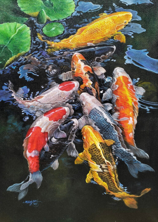 绘画 标题为“Harmony of Koi #4” 由Namnjani, 原创艺术品, 油