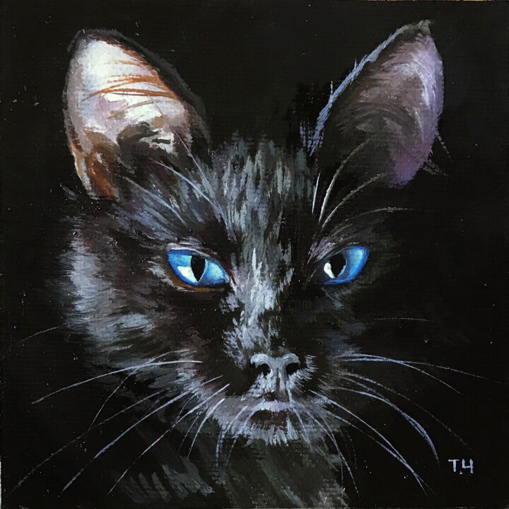 Miniature "Black cat with blue eyes" 绘画, 3.9x3.9 in
