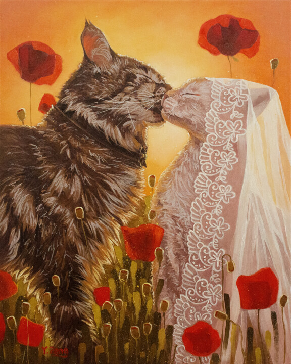 Cats wedding in poppy field 绘画, 20x16 in