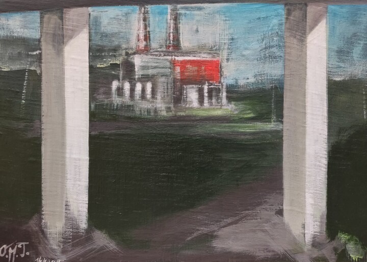 View under the bridge to the power plant 绘画, 9.5x13.4 in