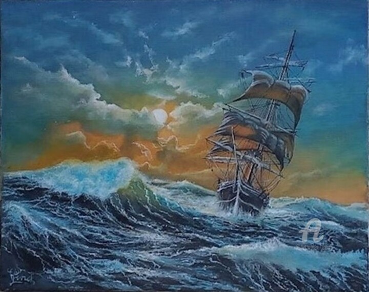 Painting titled "La Vague" by Gérard Pinel, Original Artwork, Oil Mounted on Wood Stretcher frame