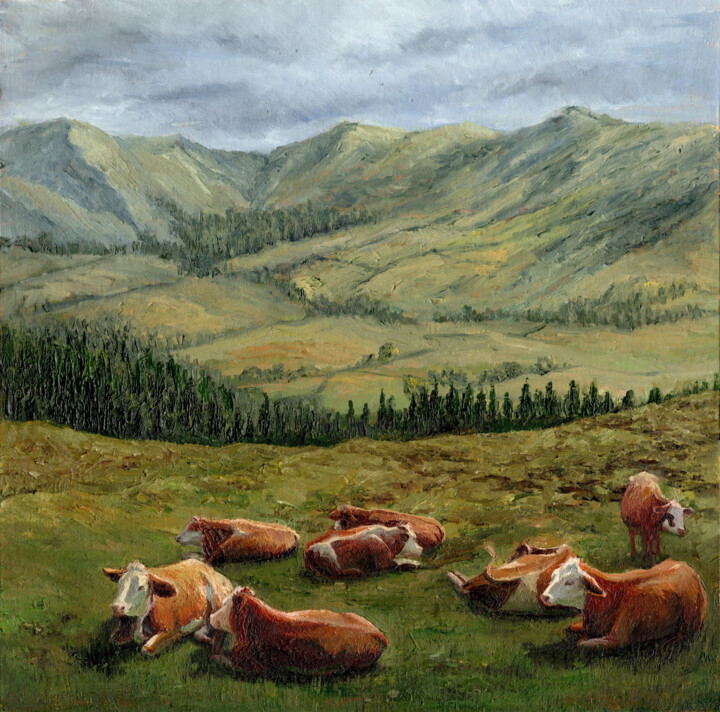 cows resting in the mountains. Orrest Head. United Kingdom 绘画, 15.8x15.8 in