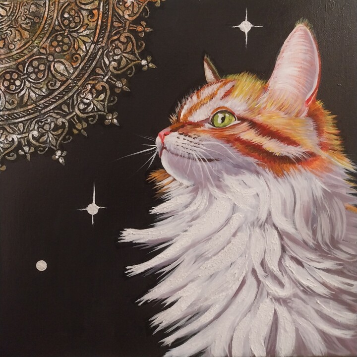 Mystic cat Acrylbild 绘画, 15.8x15.8 in