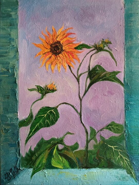 Sunflowers outside the window 绘画, 24x18.1 in