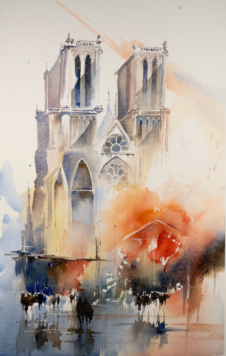 "Flowing Impressions: The Dynamics of Notre-Dame" 绘画, 21.7x13.8 in