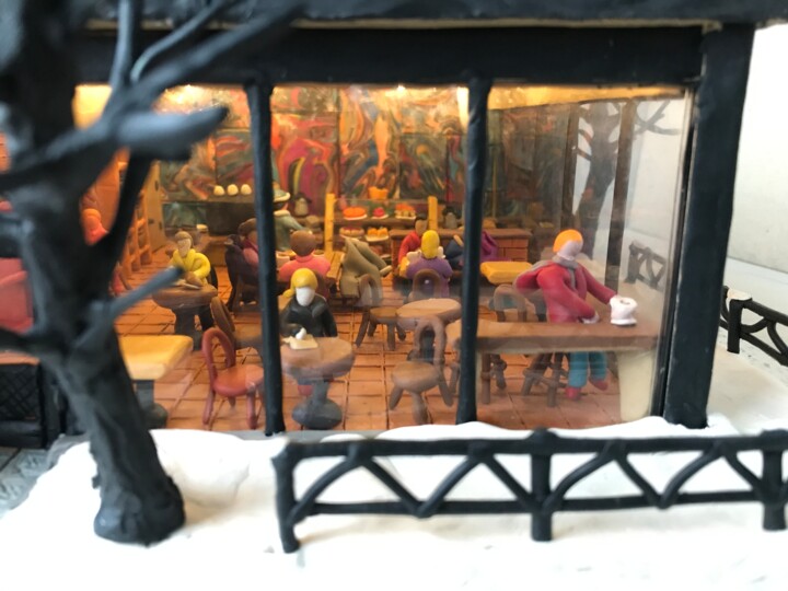 Cafe in winter, plasticine, cardboard 雕塑, 5.5x13.8 in
