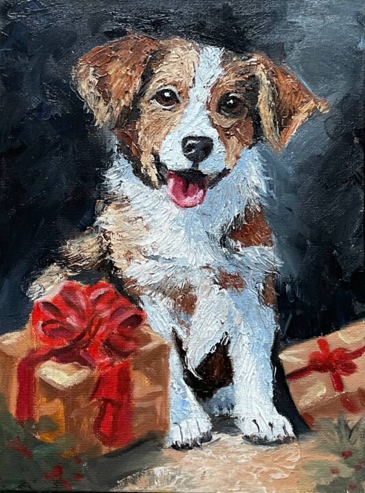 Oil painting Happy dog with gifts 绘画, 9.5x7.1 in