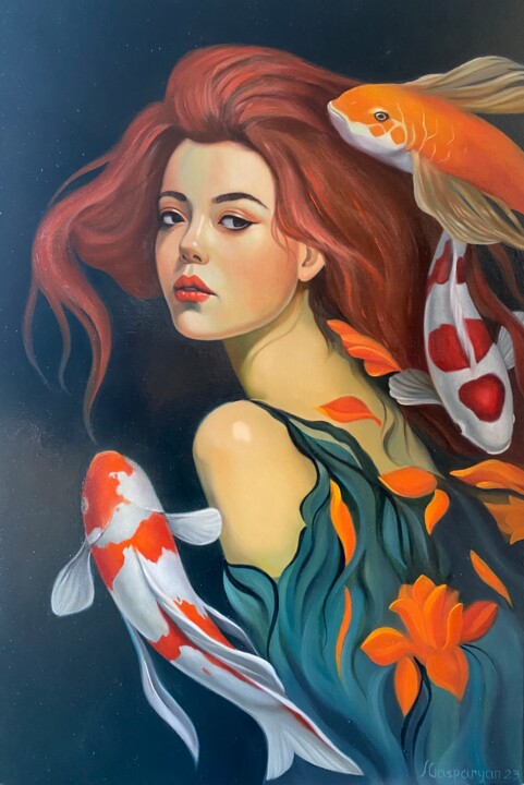 PORTRAIT WITH KOI FISHES 绘画, 23.6x15.8 in