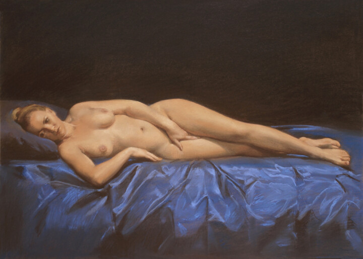 Pittura intitolato "Nude on blue (2)" da Oleg Sergeev, Opera d'arte originale, Pastello