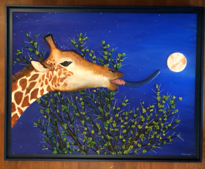 Girafe au clair de lune 11 ( Décrocher la lune ) 绘画, 28.7x37 in