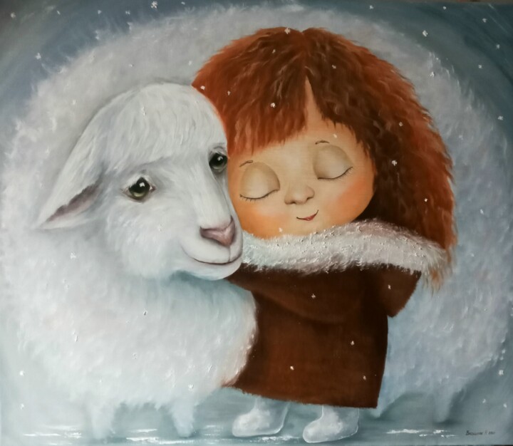 Oilpainting on canvas "Small girl with sheep" 绘画, 23.6x27.6 in