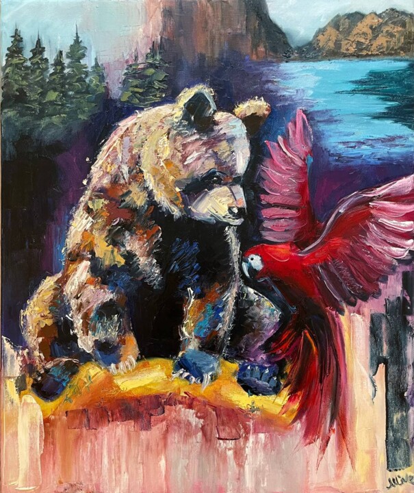 Oil painting Bear and parrot 绘画, 23.6x19.7 in