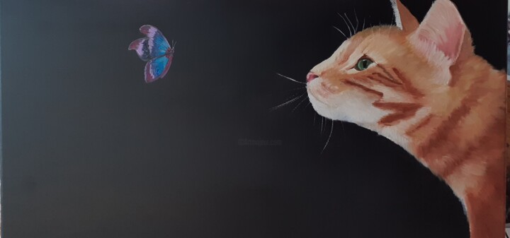 Gatto Martino e la farfalla 绘画, 11.8x23.6 in