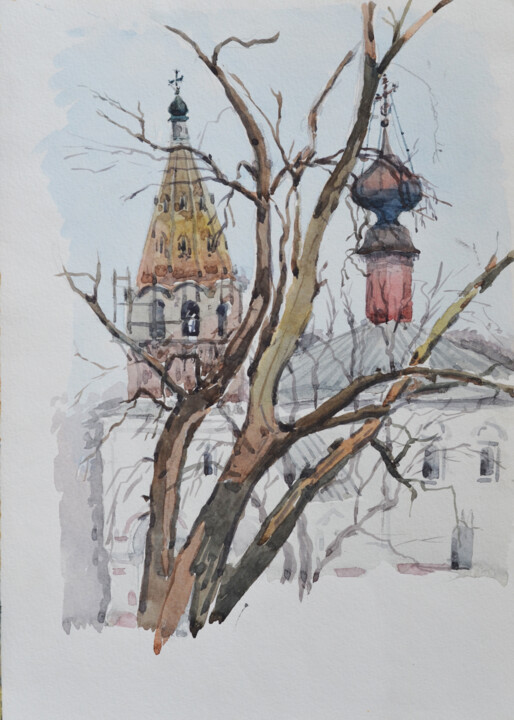 The church and the tree. Suzdal 绘画, 16.5x11.7 in