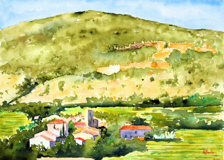 Peinture intitulée "Montpeyroux, le Bar…" par Jean-Noël Le Junter, Œuvre d'art originale, Aquarelle Monté sur Panneau de bois