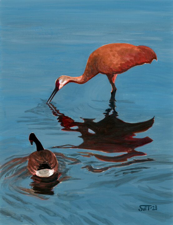 Crane and a Goose 绘画, 13.3x10.2 in